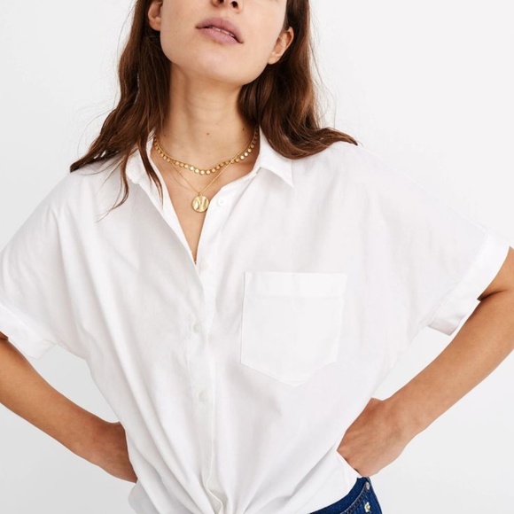 Madewell short sleeve tie front button down shirt in white - Picture 4 of 14